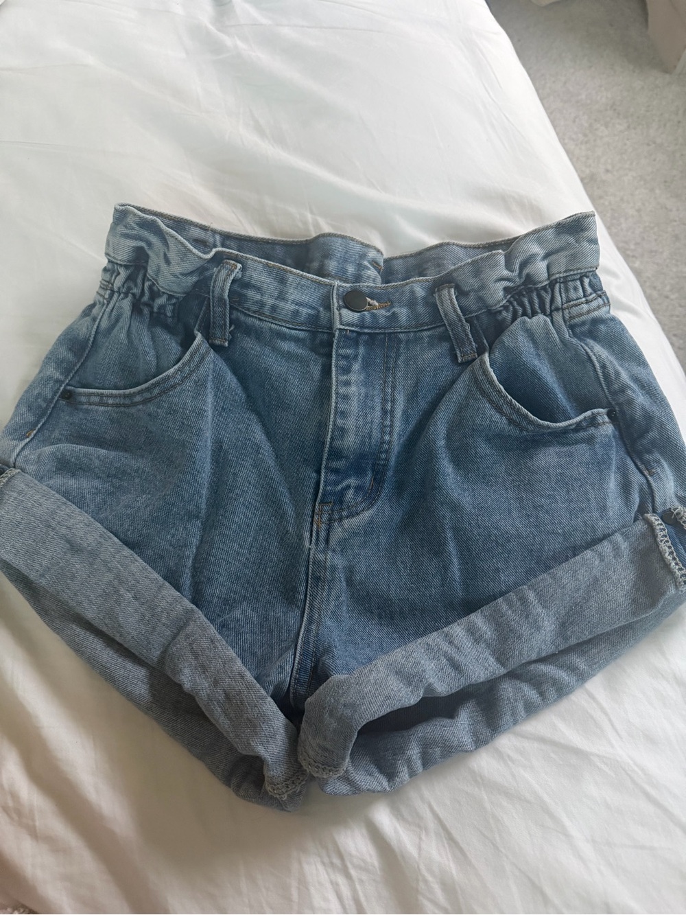 High-Waist Paperbag Denim Shorts - Light Blue